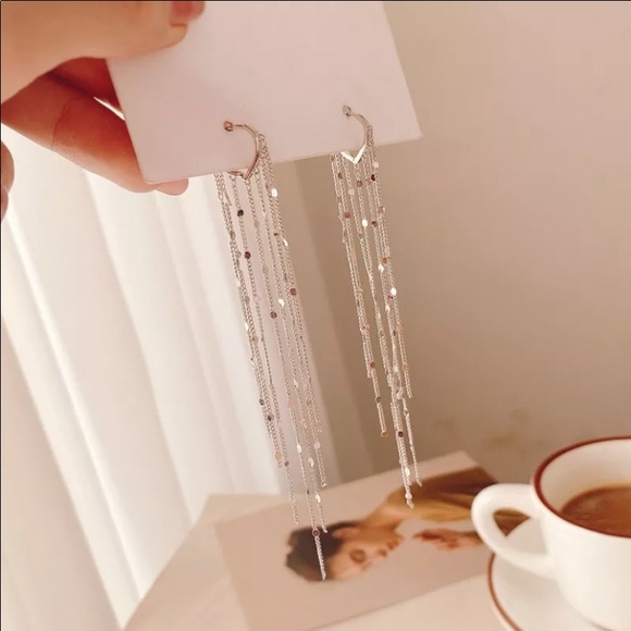 Silver geometric dangle tassel drop earrings - Picture 6 of 7